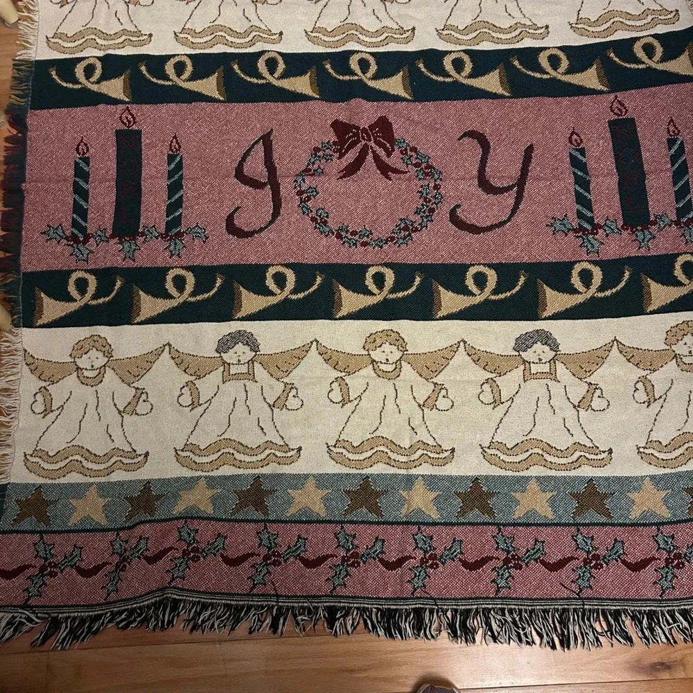 Vintage Christmas Throw Blanket Angels Joy Candles Holly Star Holiday Decor52x62